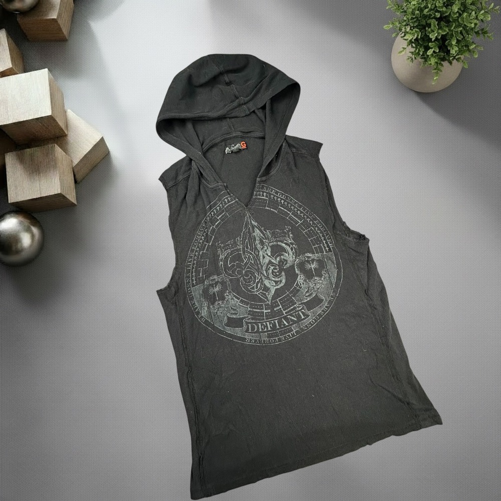 Vintage G by Guess Defiant Graphic Sleeveless Thermal Hoodie Black Y2K Mens L